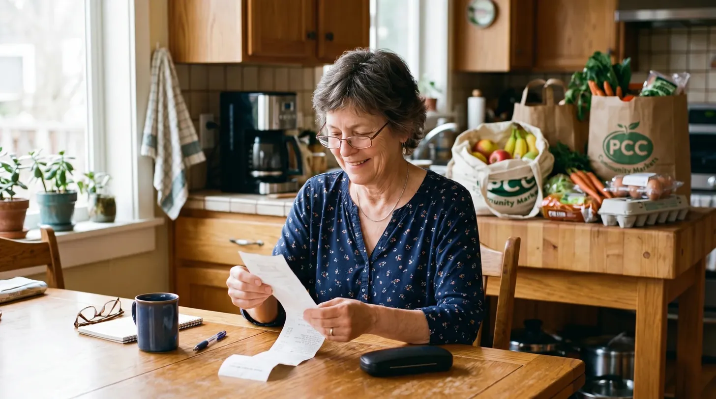 Jessica at the kitchen counter with grocery receipts